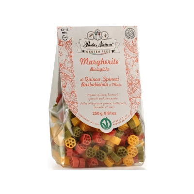 Organska bezglutenska, vegan testenina (tricolor margherite) od kinoe, spanaća i cvekle 250g NOVO