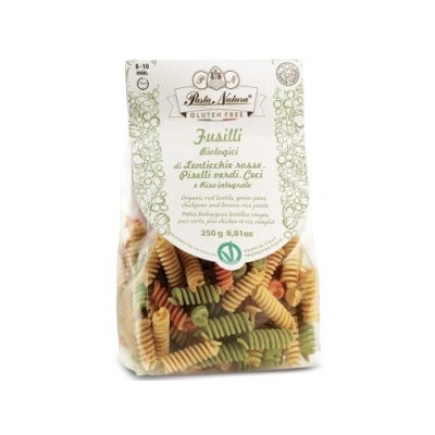 Organska bezglutenska, vegan testenina (tricolor fusili) od crvenog sočiva, graška, leblebija i integralnog pirinča 250g NOVO